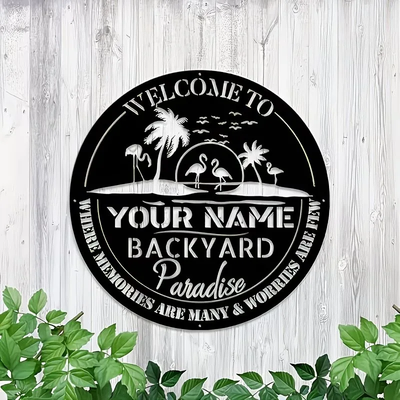 Customizable Backyard Paradise Metal Sign - & Year, Tropical Flamingo & Palm Tree Design, Easy to Install Housewarming Gift