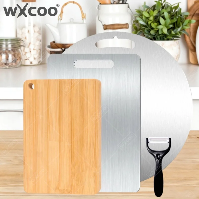 WXCOO Natural Bamboo or Stainless Steel Kitchen Cutting Board Double-sided Cutting Boardfor Fruit Meat Vegetable