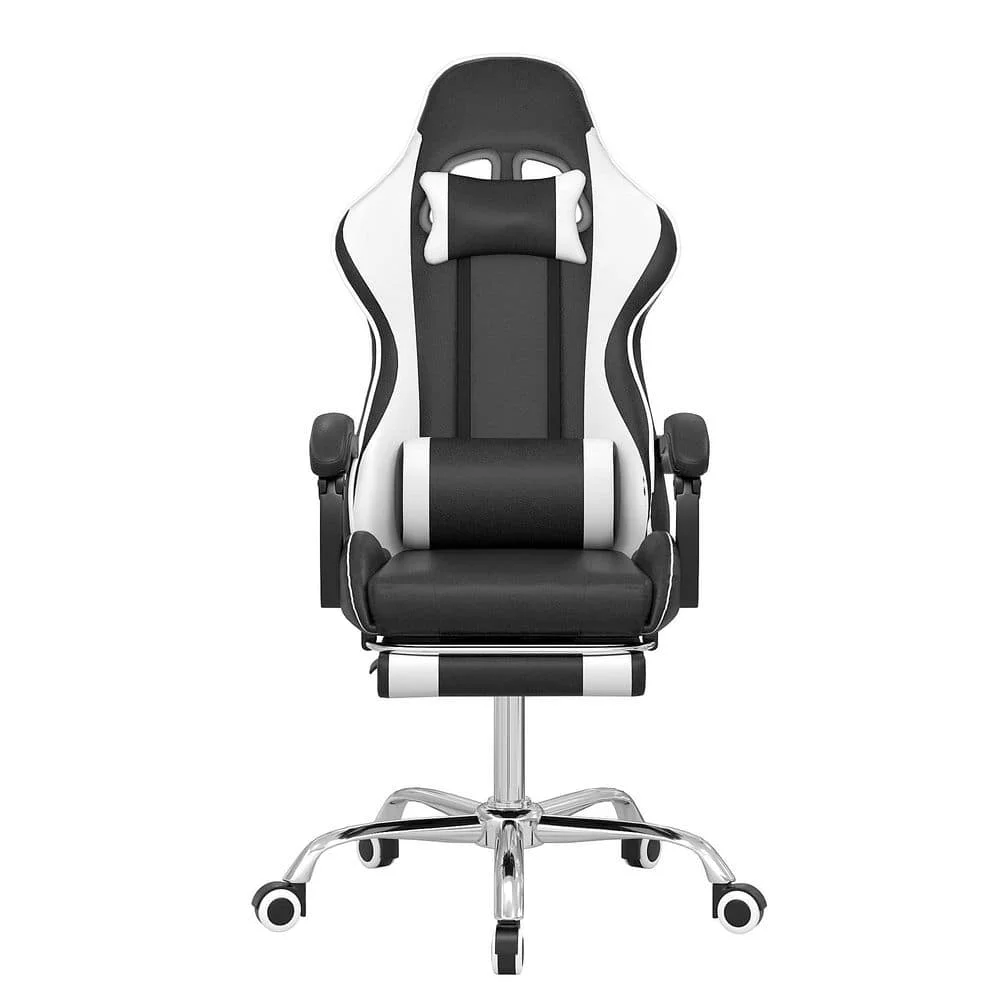 كرسي ألعاب مستلق من الجلد الصناعي قابل للتعديل بارتفاع مريح كرسي ألعاب باللون الأسود مع مسند للقدمين ودعم قطني #4