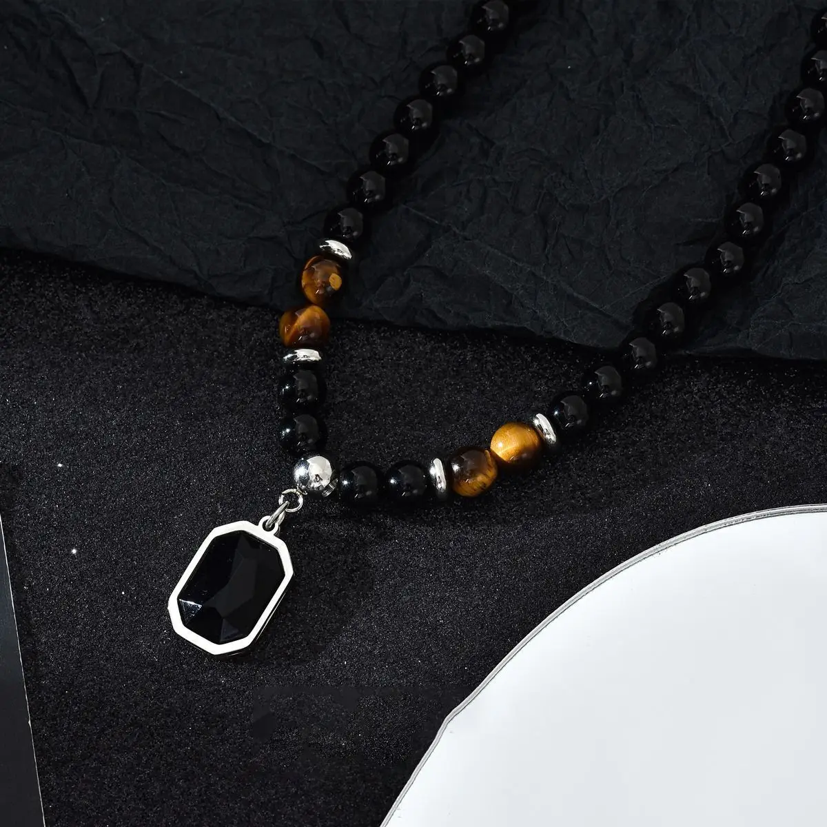 Black Beads with Square Pendant Necklace for Men Trendy Accessories on the Neck Collar 2024 Fashion Jewelry Male Gift Decoration