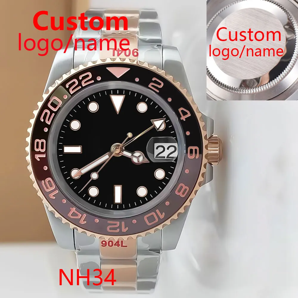 

Custom Logo/name 40mm Automatic Men Watch Two Tone Oyster Bracelet NH34 Movement Sapphire Crystal Green Luminous Dial