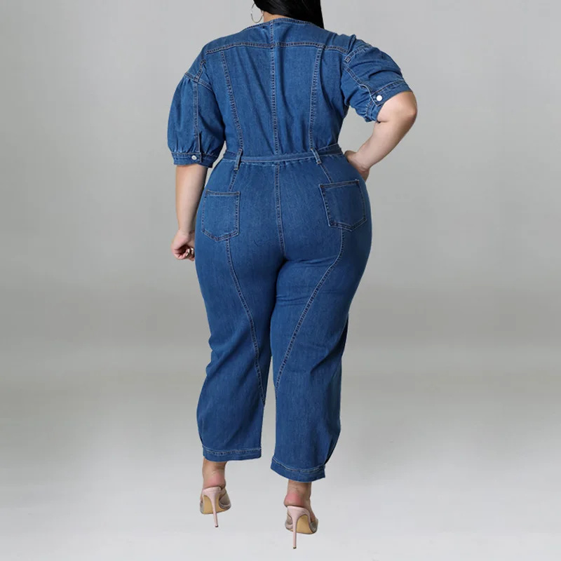 Benuynffy Plus Size Half Zipper Front Belted Jeans Jumpsuit Women 2025 New Streetwear Puff Sleeve Fashion Washed Denim Jumpsuit image 2