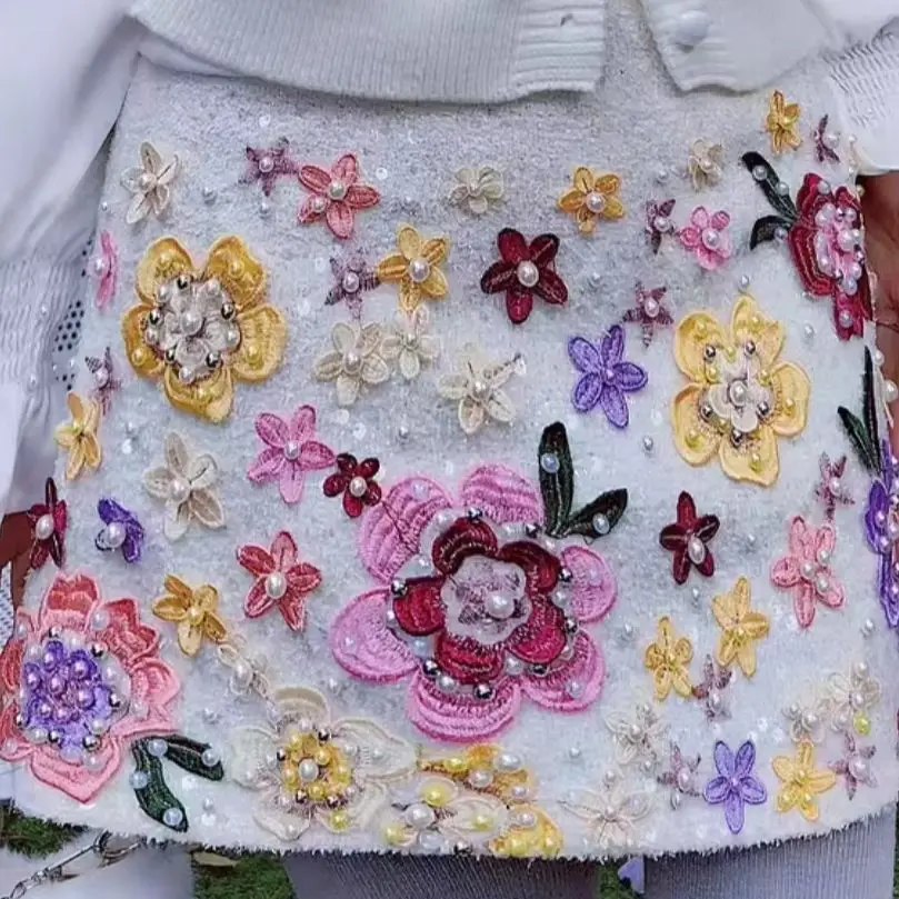 New In Spring 2025 Trend Streetwear Vintage Skirts For Women's Pearls Beaded Embroidery Skirts Faldas Woman Clothing