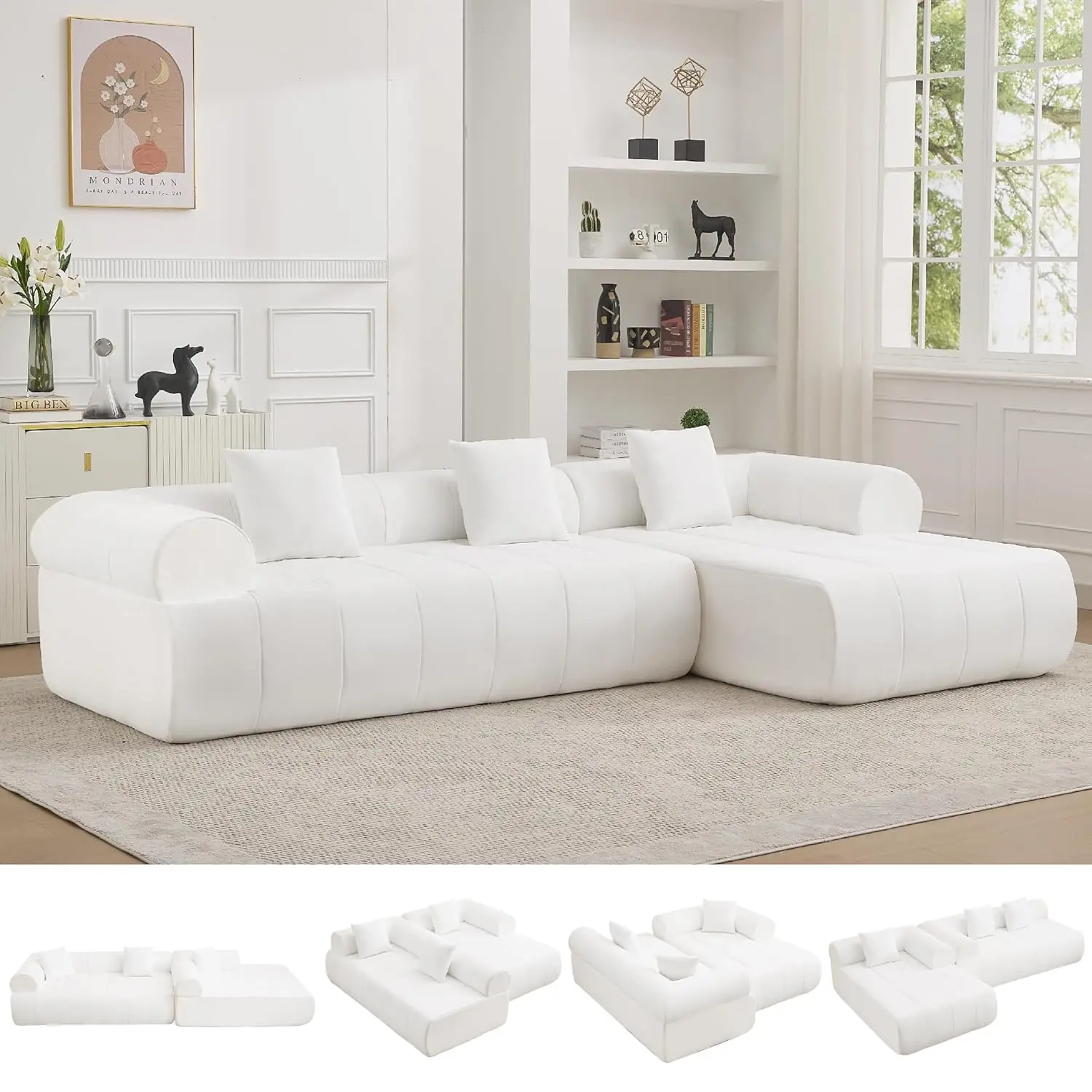 

Изогнутый бескаркасный диван-кровать 119 дюймов, 3-местный угловой диван-облако с глубоким сиденьем для гостиной, модульный диван без сборки, на заказ