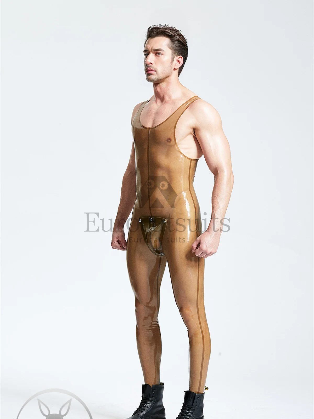 

latex catsuits men eurocat suits latex leotard rubber fetish customised Male Translucent Codpiece Singlet Leggings Suit