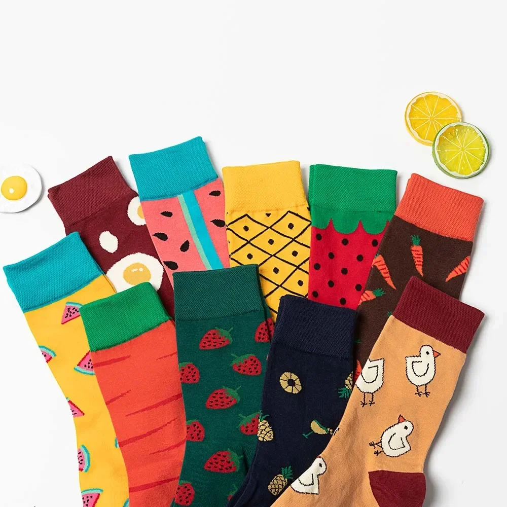 Calcetines de algodón con dibujos animados para mujer, lote de 6 pares, frutas, mono, huevo, pollo, moda, lindo, kawaii, colorido, divertido