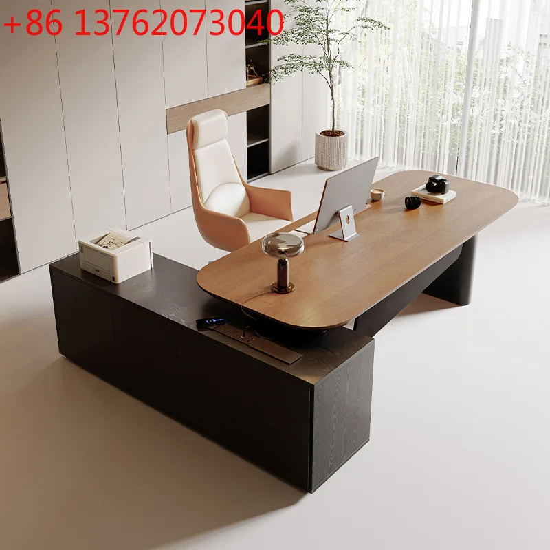 Modern vision solid wood minimalist president desk boss table and chair combination with side cabinet