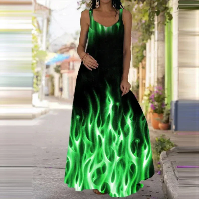 Women\'s Fashionable Flame Printed Sleeveless Dress  Summer Casual Printed Long Dress