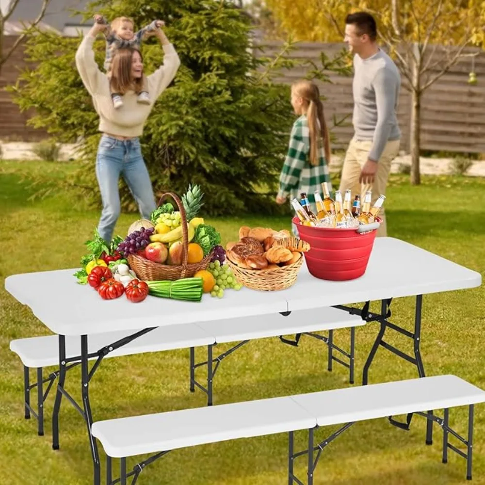 3-Piece Picnic Table Bench Set 6FT Camping, Folding Table Plastic Table with Two Benches Carrying Handles