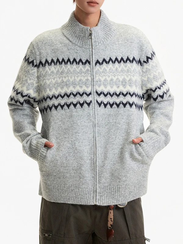 

Zippered Knitted Cardigan Sweater f High Collar Men's Women's American Lazy Sle Autumn Winter Warm Polyester Fiber