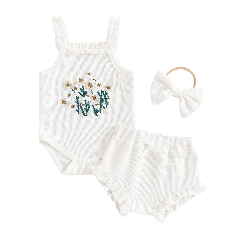 

Baby Girl Newborn Clothes Sleeveless Floral Embroidery Waffle Romper Ruffle Shorts with Headband Infant Girl Summer Outfits