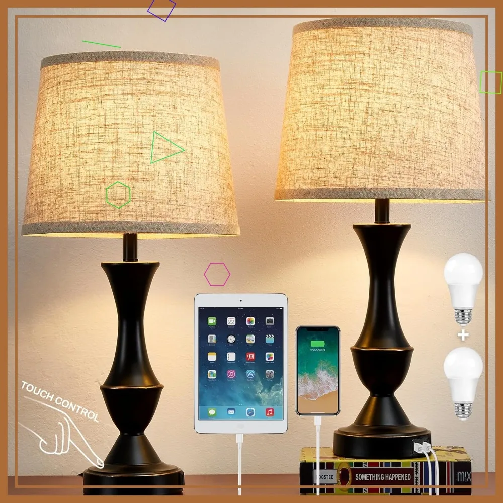 

Набор из 2-х диммируемых сенсорных настольных ламп, высотой 22 дюйма, с USB-портами C+A, черная основа, бежевый абажур, для спальни, гостиной, офиса