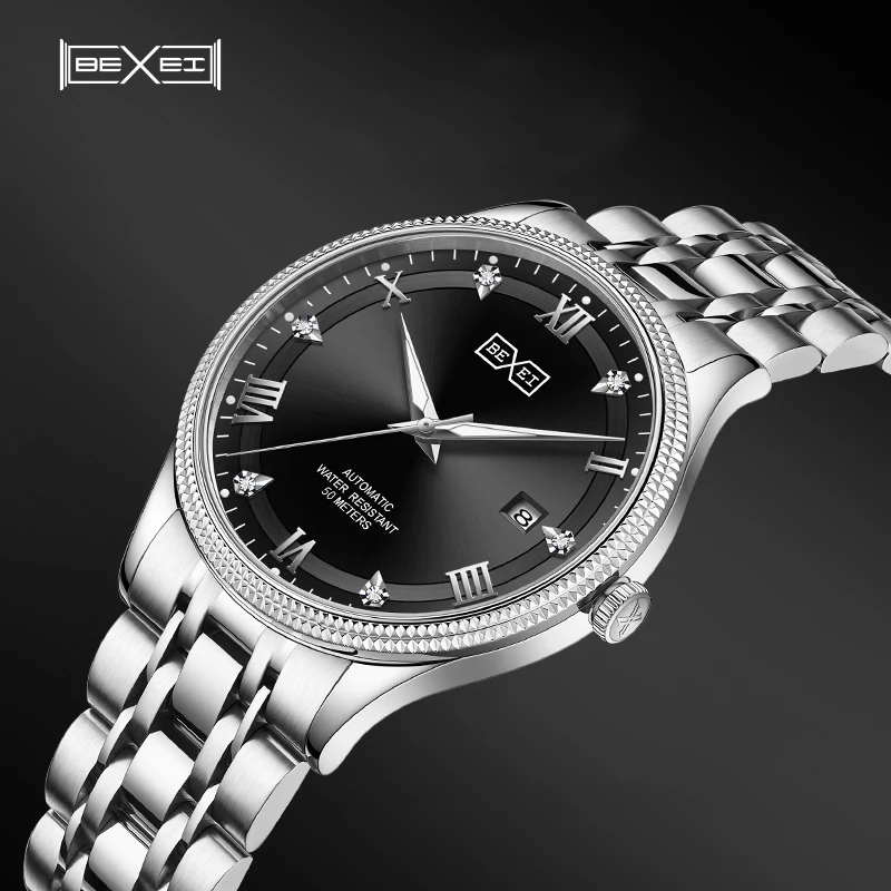 Reloj Automático Bexei para hombre luminoso de acero inoxidable 316L calendario mecánico zafiro reloj de lujo para hombre resistente al agua luminoso 9255