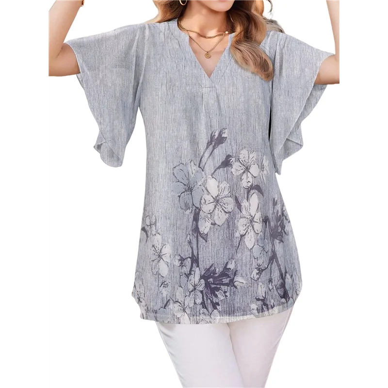 

ABRT-Women's Short Sleeve V Neck Blouses Shirts Floral Double Layers Mesh Tunics Tops