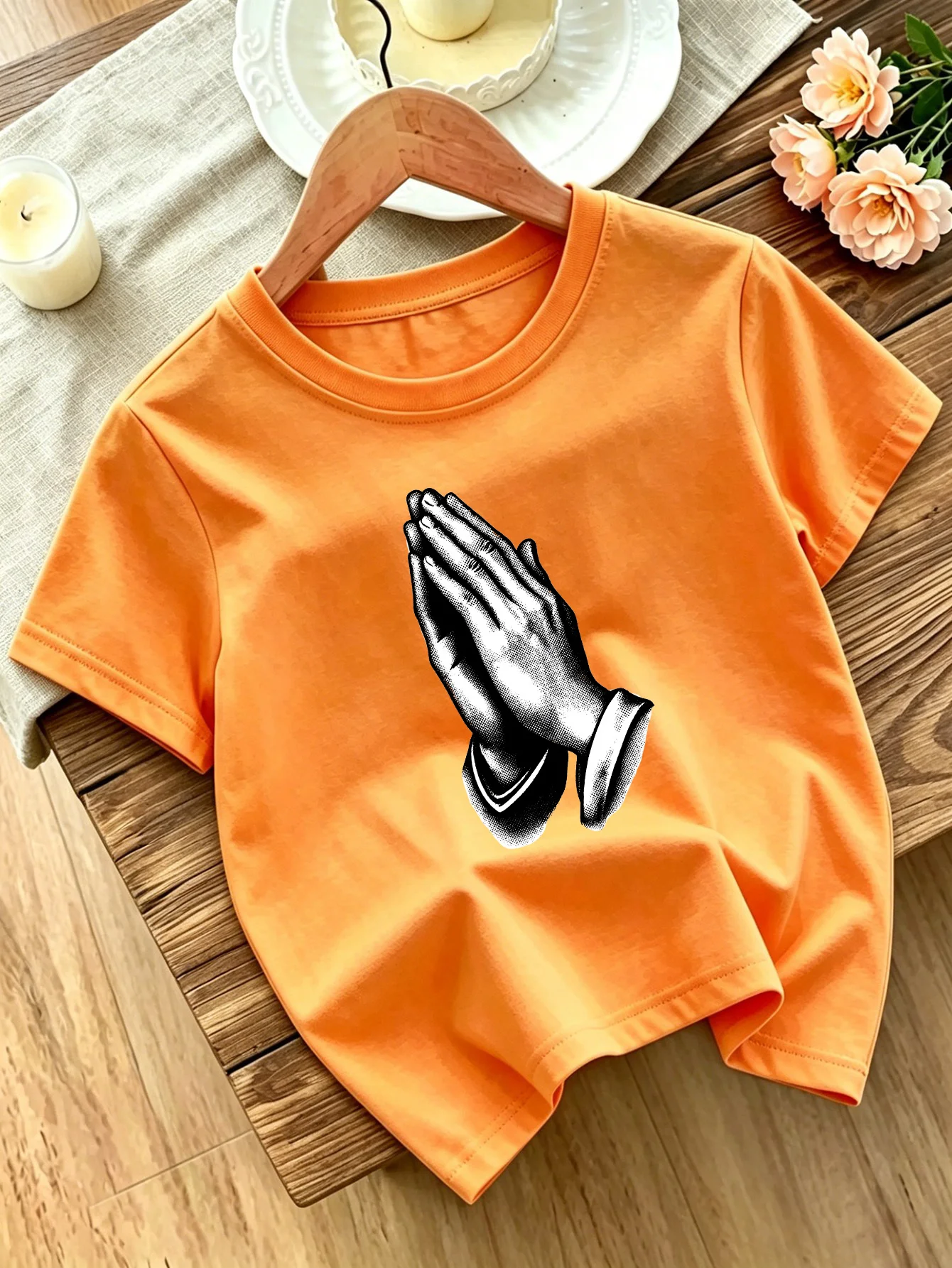 Praying Hands Religious Black White Sketch Graphic Family Matching T Shirt Boys Girls Short Sleeve Summer Crew Neck Casual Tops