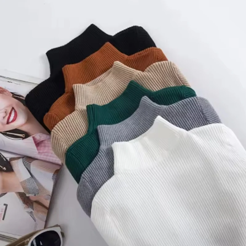 

2025 Autumn New Half High Neck Women's Knitwear Elegant Office Lady Long Sleeve Solid Pullover Sweater Casual Women's Tops 10643
