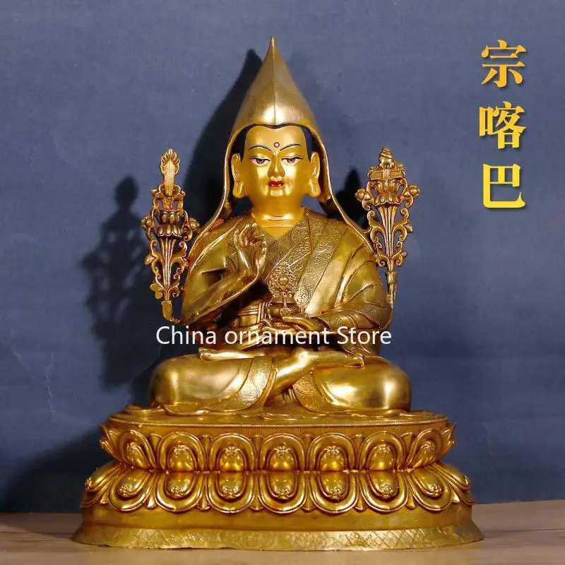Tibetan copper gilt longevity Zong Kaba master, Tibetan Zong Kaba bronze statue 7 inch Xizang home desktop ornament