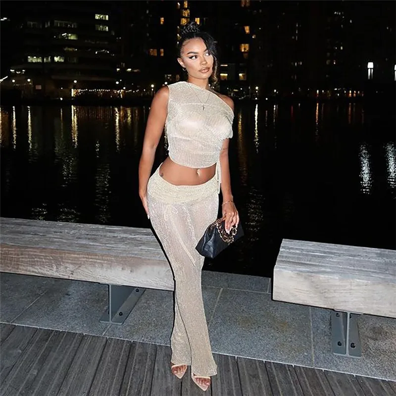 

Sexy See Through 2 Piece Set Women 2024 Summer Soild Skew Collar Crop Tops Ruched Shirring Straight Pants Midnight Clubwear Suit