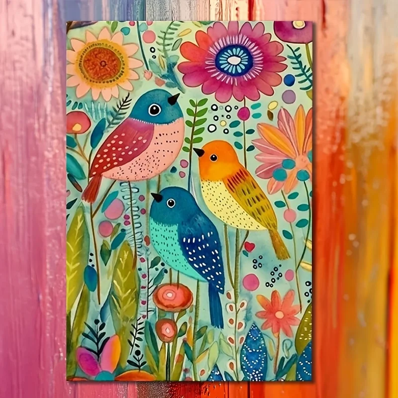1pc Premium Packaging Canvas Painting Large Poster, Vintage Style Canvas Art, Colorful Abstract Floral And Bird Pattern