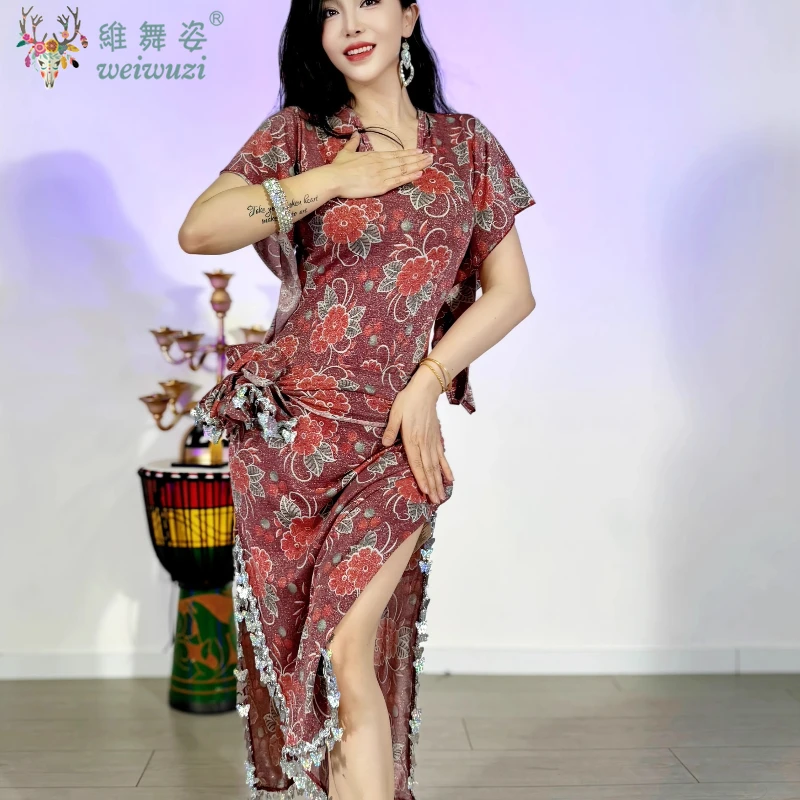 여성용 벨리 댄스 의상 레드 프린트 꽃 나비 스팽글 가운 + 벨트 Saidi Shabbi Baladi Performance Clothing