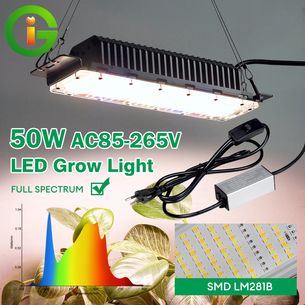 50W LM281B Vollspektrum-Quantum-Board LED-Pflanzenlampe AC110/220V mit Treiberschalter für Gewächshaus-Hydrokulturpflanzen