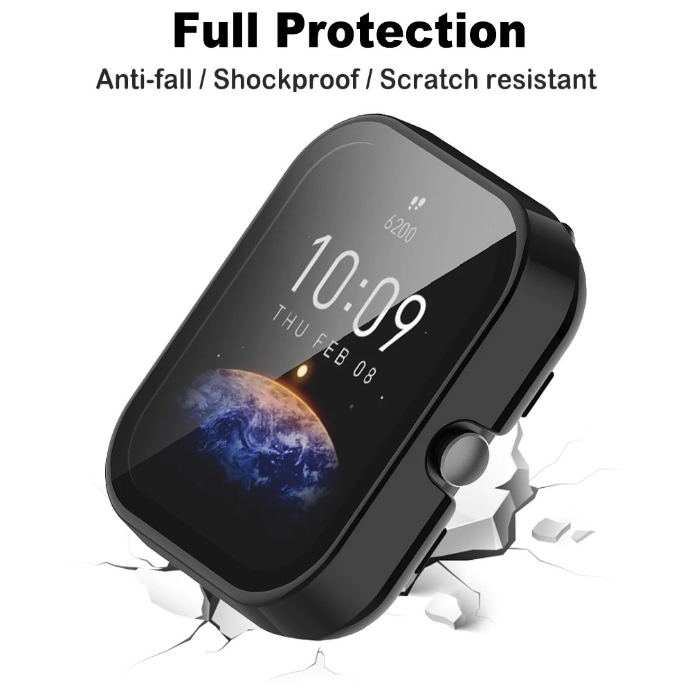 Funda + cristal para Amazfit Bip 3 / 3 Pro, protector de pantalla, cobertura envolvente, parachoques protector, accesorios antiarañazos