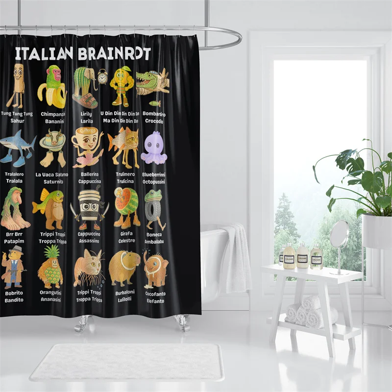 

Набор для ванной комнаты: занавеска для душа с персонажами Gaslight Gatekeep Girlboss и Italian Brainrot, с кольцами и крючками