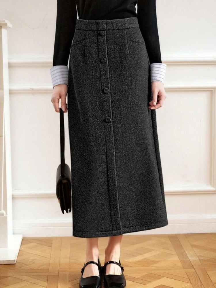 กระโปรงทรงตรงผู้หญิง OLrain รุ่นใหม่ประจำฤดูใบไม้ร่วงปี 2025 กระโปรงทรงหลวมแบบเรียบง่าย มีกระเป๋า สไตล์ฝรั่งเศส เสื้อผ้าผู้หญิงสำหรับใส่ทำงาน รุ่น O57DB95565