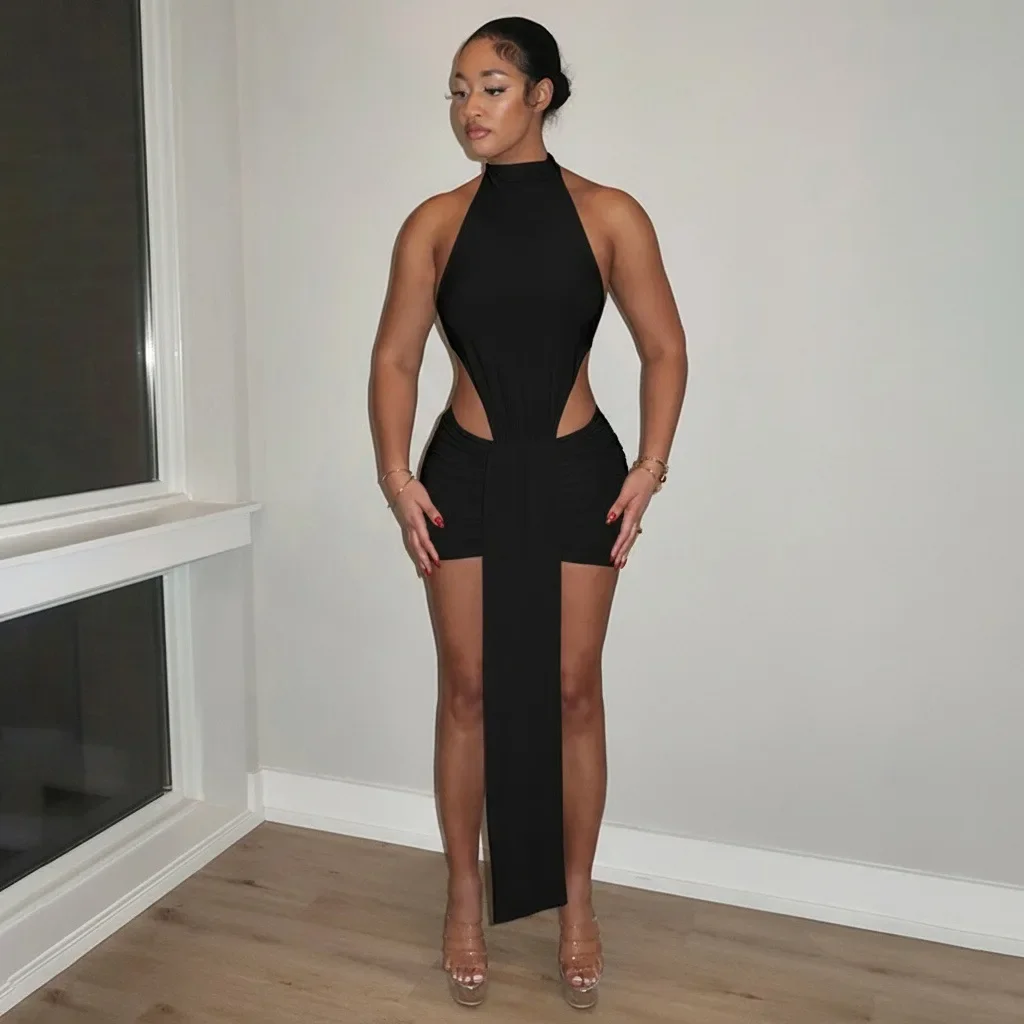 Chaxiaoa rückenfreie sexy Minikleider für Damen, Vestidos, 2026, Frühlingsmode, ärmellos, aushöhlen, Band, figurbetontes Kleid, Schwarz, Rosa