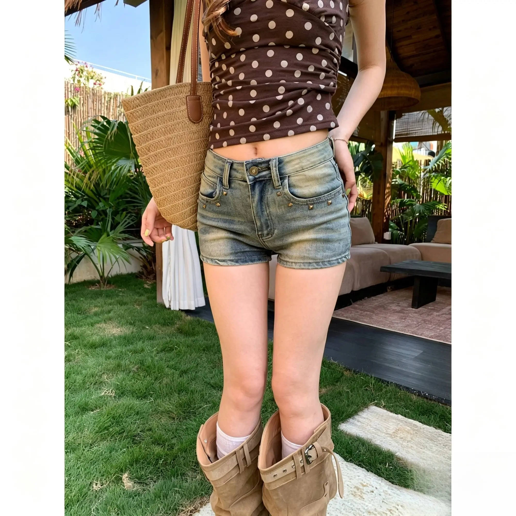 Retro Rivet Denim Shorts Women's Low Waist  A Word Spice Girl Hot Pants New Summer 2026