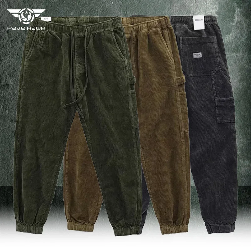 

Tactical Corduroy Pants Men Drawstring Elasticated Waistband Cargo Pant Vintage Casual Loose Military Trousers Outdoor Work Pant