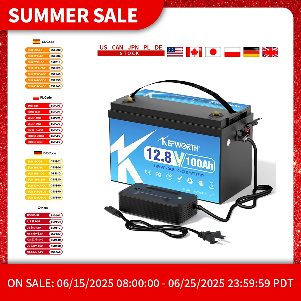 

New KEPWORTH LiFePO4 Deep Cycle Battery 12V 100Ah with Built-in 100A BMS For RV Campers Solar Golf Carts Marine Trolling Motor