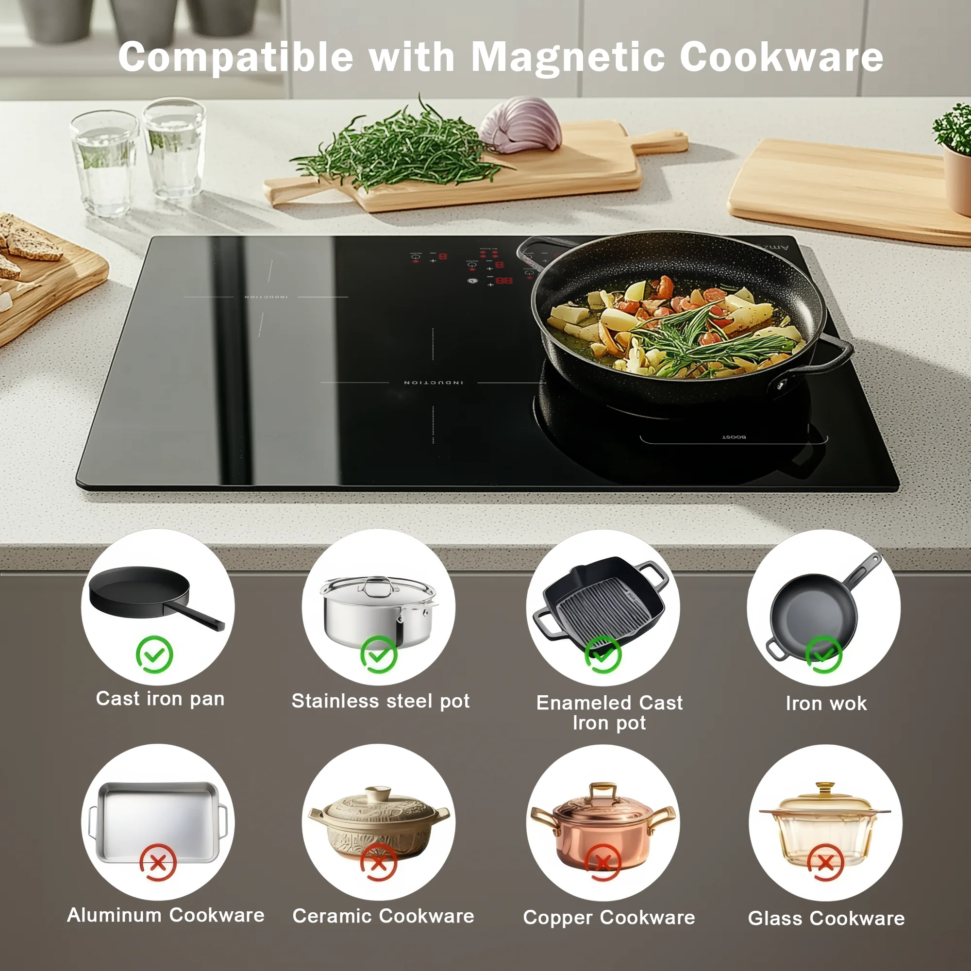 30in Built-In 4 Burners, 11600W Touch Control w/ Boost & Bridge-Sync, Easy-Clean Tempered Glass, Child Lock Induction Cooktop