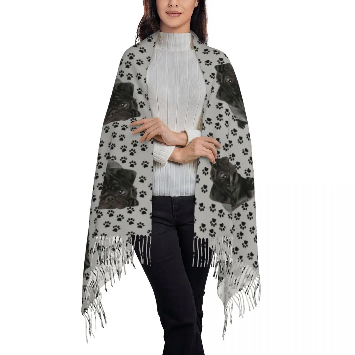 Adorable Black Pug Scarf Tassel Scarves Women Soft Warm Shawls and Wraps Large Fall Winter Shawl Wrap