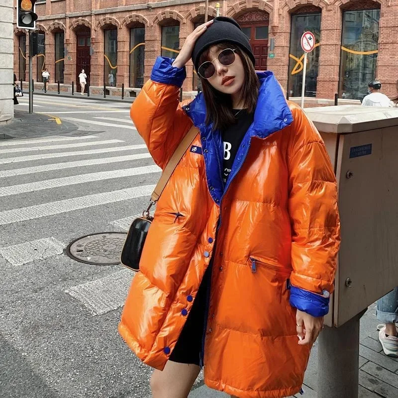 Winter Damesmode Contrast Kleur Donsjack Dames Koreaanse Stijl Glanzende Witte Eendendendons Parka Dikker Warm Groot Formaat Uitloper