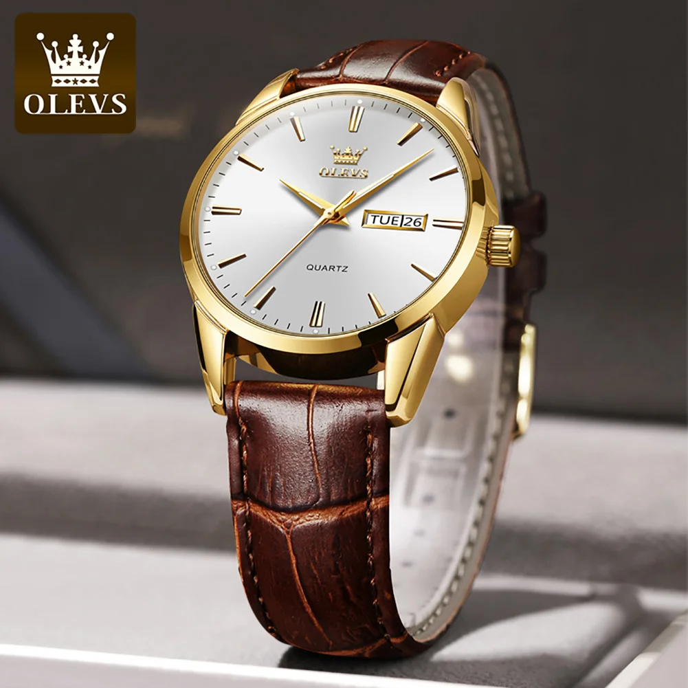 OLEVS New Top Original Brand Men\'s Watch Luxury Men Quartz Watches Breathable Leather Strap Waterproof Business Casual Men Watch