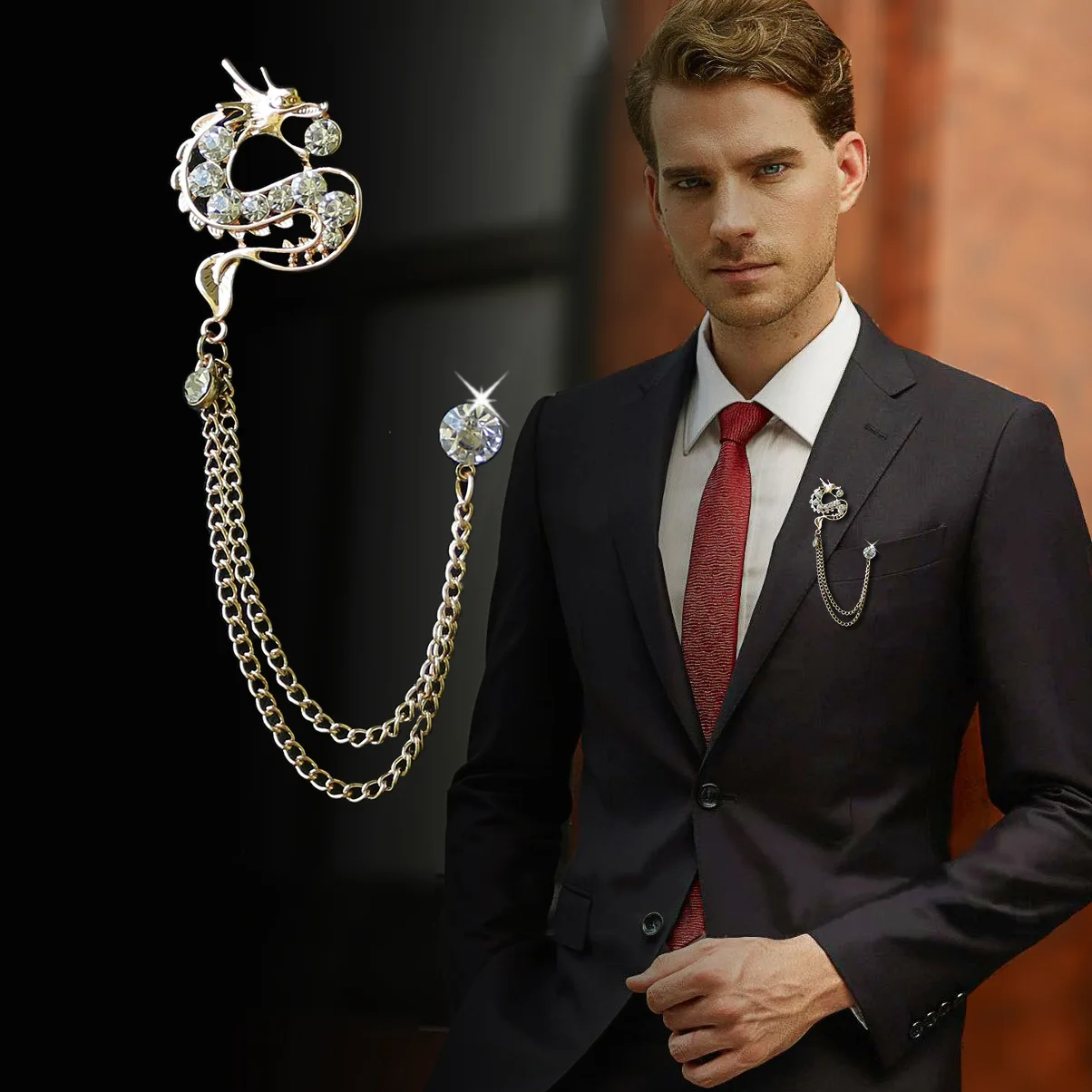 

Novelty Men's Dragon Shape Brooch Pin Rhinestone Luxury Brooches For Men Tassel Chain Lapel Pins Wedding Jewelry Men Accessories