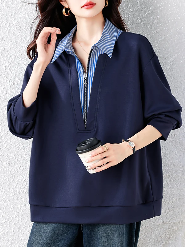 

Spring 2026 Loose Fit Long Sleeve Neck Patchwork Striped Fake Two-Piece Sweatshirt plus Size Women's Casual Versatile To...