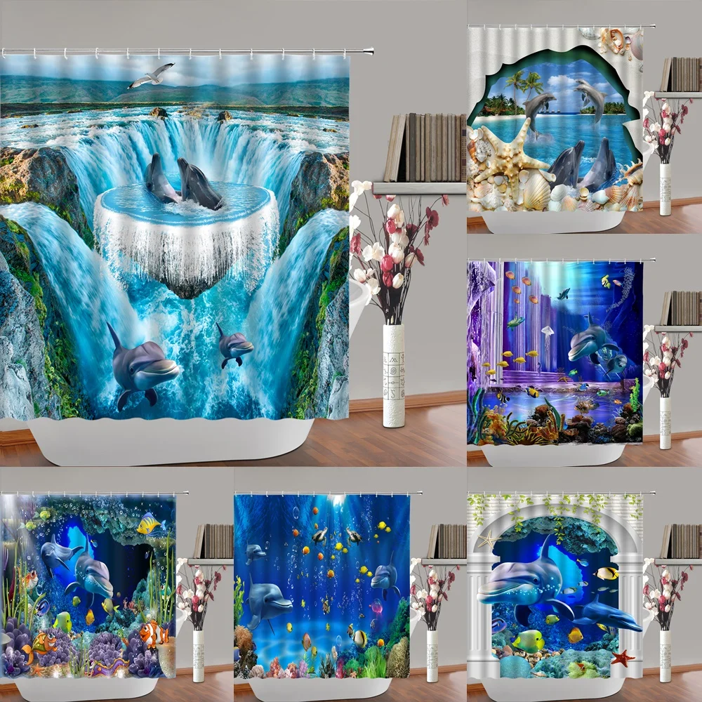 

Ocean Sea Dolphin Fish Shower Curtains 3D Blue Underwater World Starfish Beach Polyester Fabric Bathroom Decor Bath Curtain Home