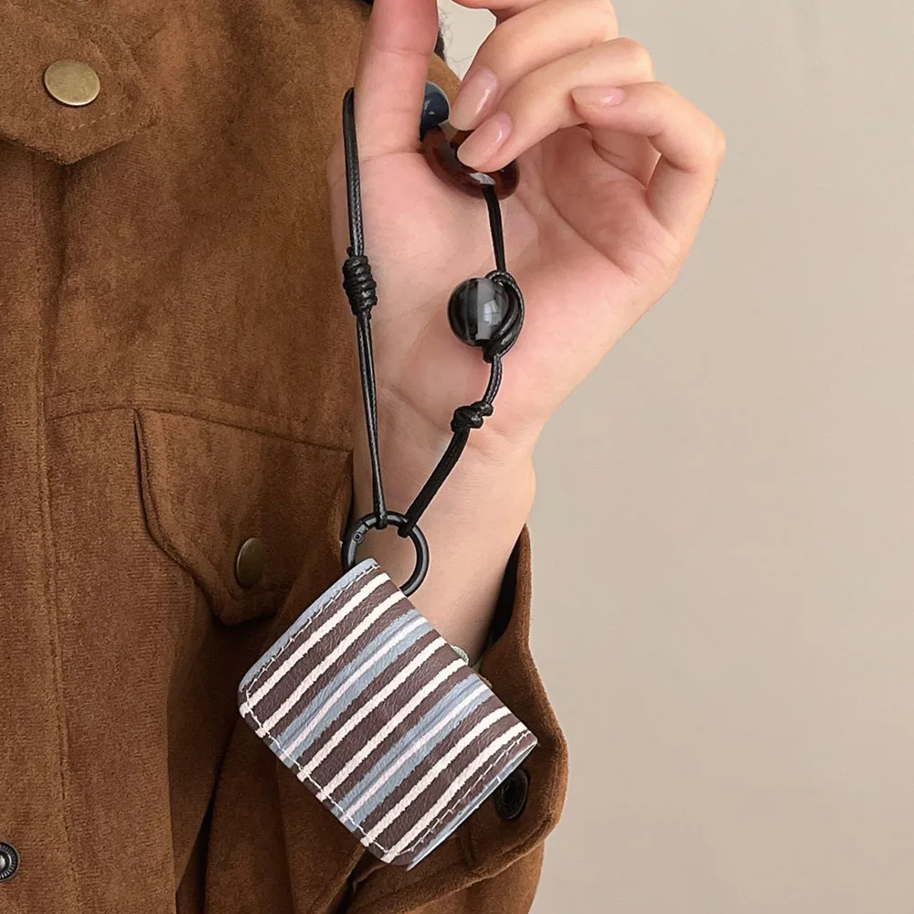 Leather Stripe Contrast Color Earphone Bag Case For AirPods 1 2 3 Pro 4 ANC Pro2 Protective Cover with Keychain Pendant Lanyard