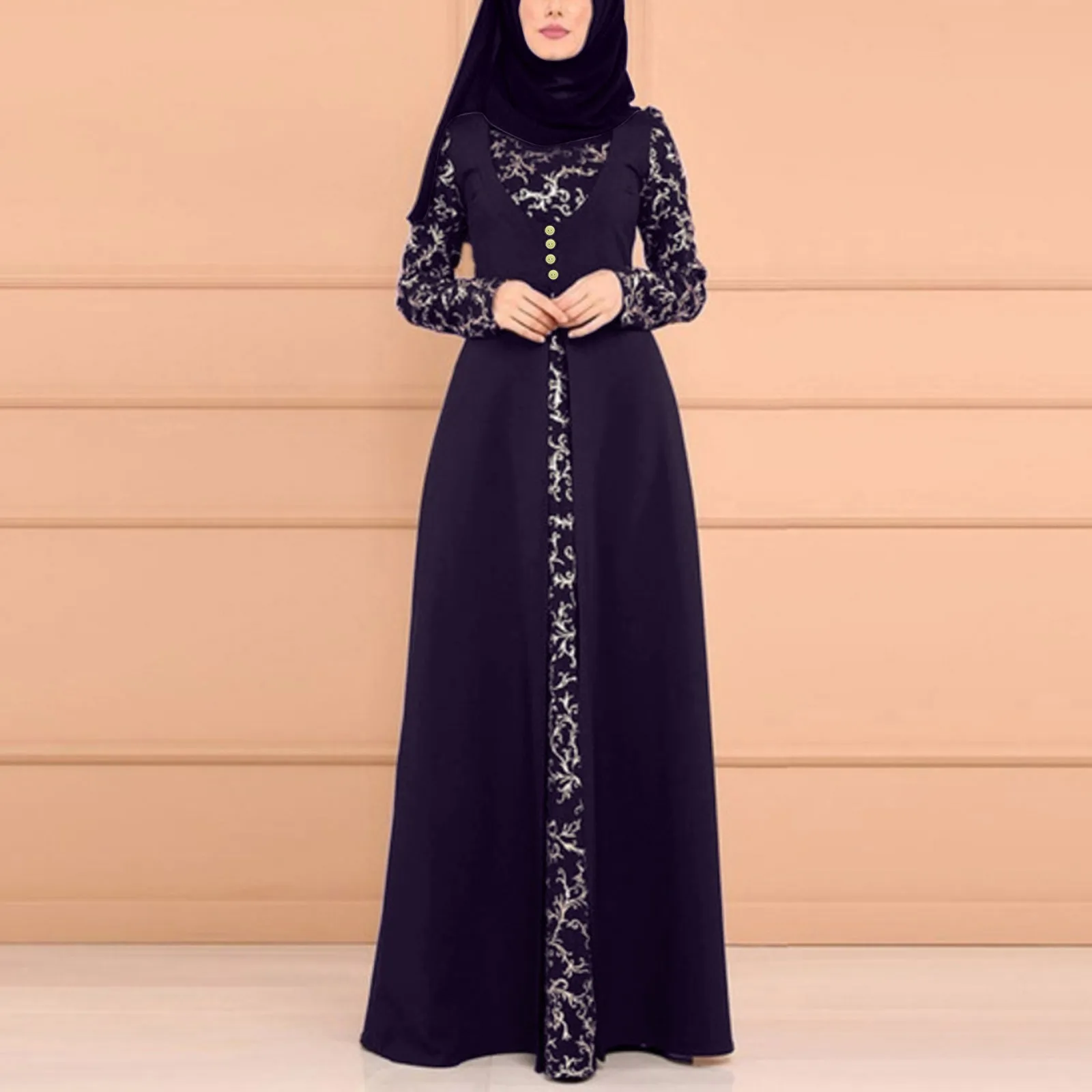 Lace Stitching Arab Muslim Kaftan Women\'s Maxi Dress Abaya Women\'s Dressea Oversized Middle Eastern Ethnic Style Muslim Robe