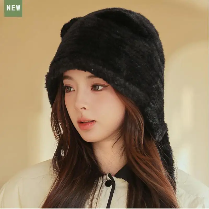 Winter Hats For Women Cartoon Bear Knitted Korean Cute Beanie Baggy Cap With Rope New Girls