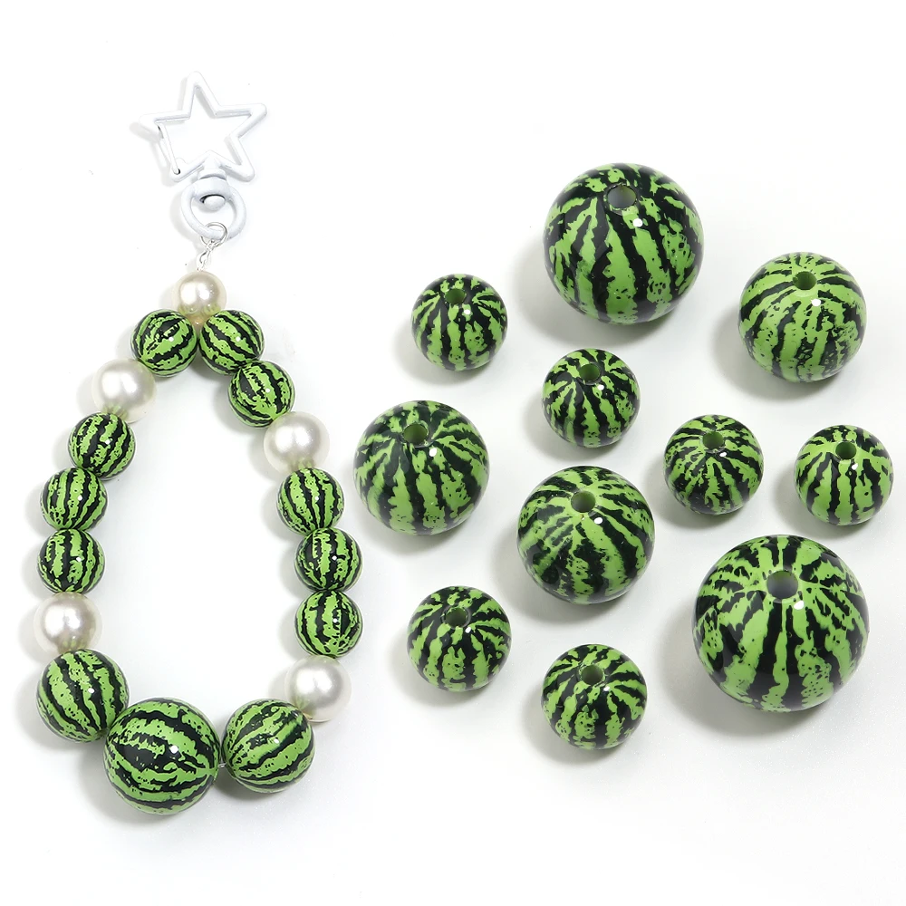 5-10 Buah Manik-manik Akrilik Buah Simulasi Manik-manik Semangka Manik-manik Longgar Bergaris untuk Membuat Perhiasan DIY Aksesori Gelang Kalung