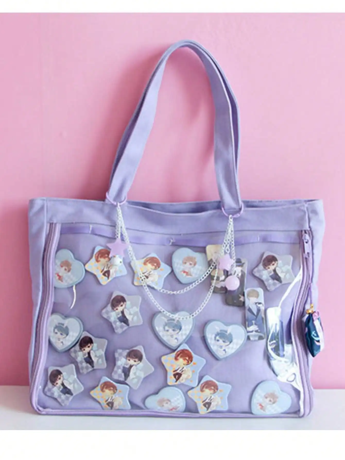 

Kawaii Japanese Style Single-Sided Canvas Ita Tote Bag, Multi-Way Shoulder Handbag For Anime Pins No Insert