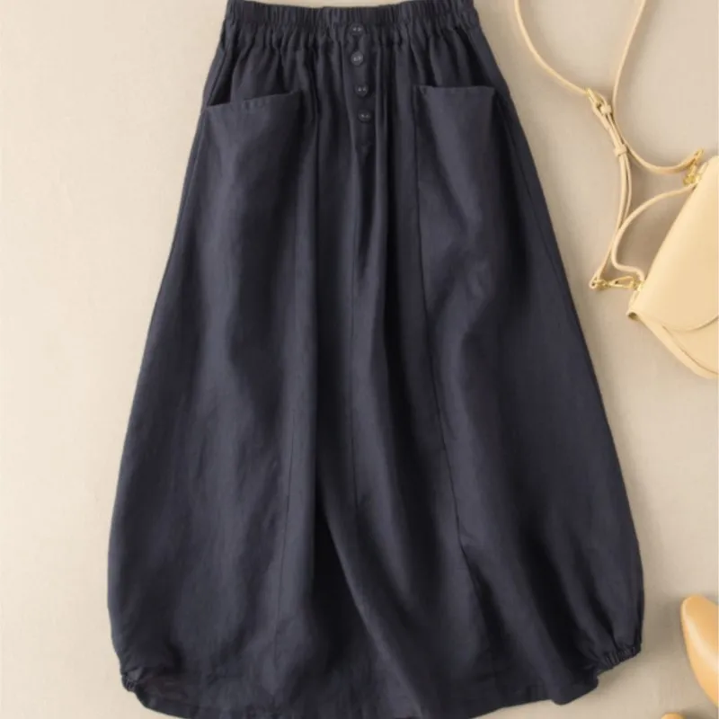 2023 Summer New Imitation Linen Retro Skirt Female Summer Mid-length High-waisted A-line Thin Literary Temperament