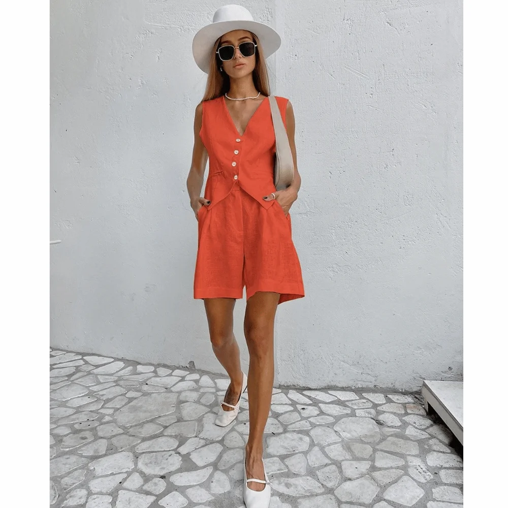 Current Season Style Blazer Vest Set Cotton Linen Fabric Minimalist Cut Women Suit Set Office Friendly Match Elegant Silhouette
