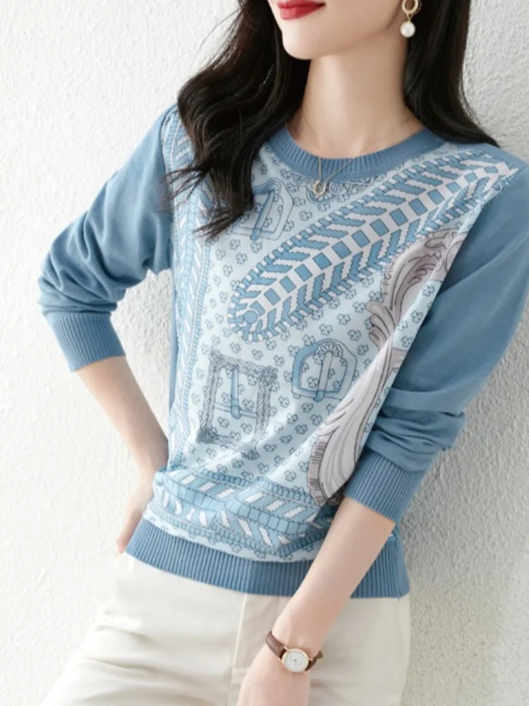 #3263 Blue Knitted Long Sleeve Split Joint Pullover Sweater Women Loose Vintage Printed Womens Sweaters Thin O-Neck France Style