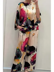 Conjuntos Para Mujeres 2 Piezas Women Printed Satin Two-piece Set, 3/4 Sleeve Round Neck Pants, Summer Fashion,pant Sets mujer