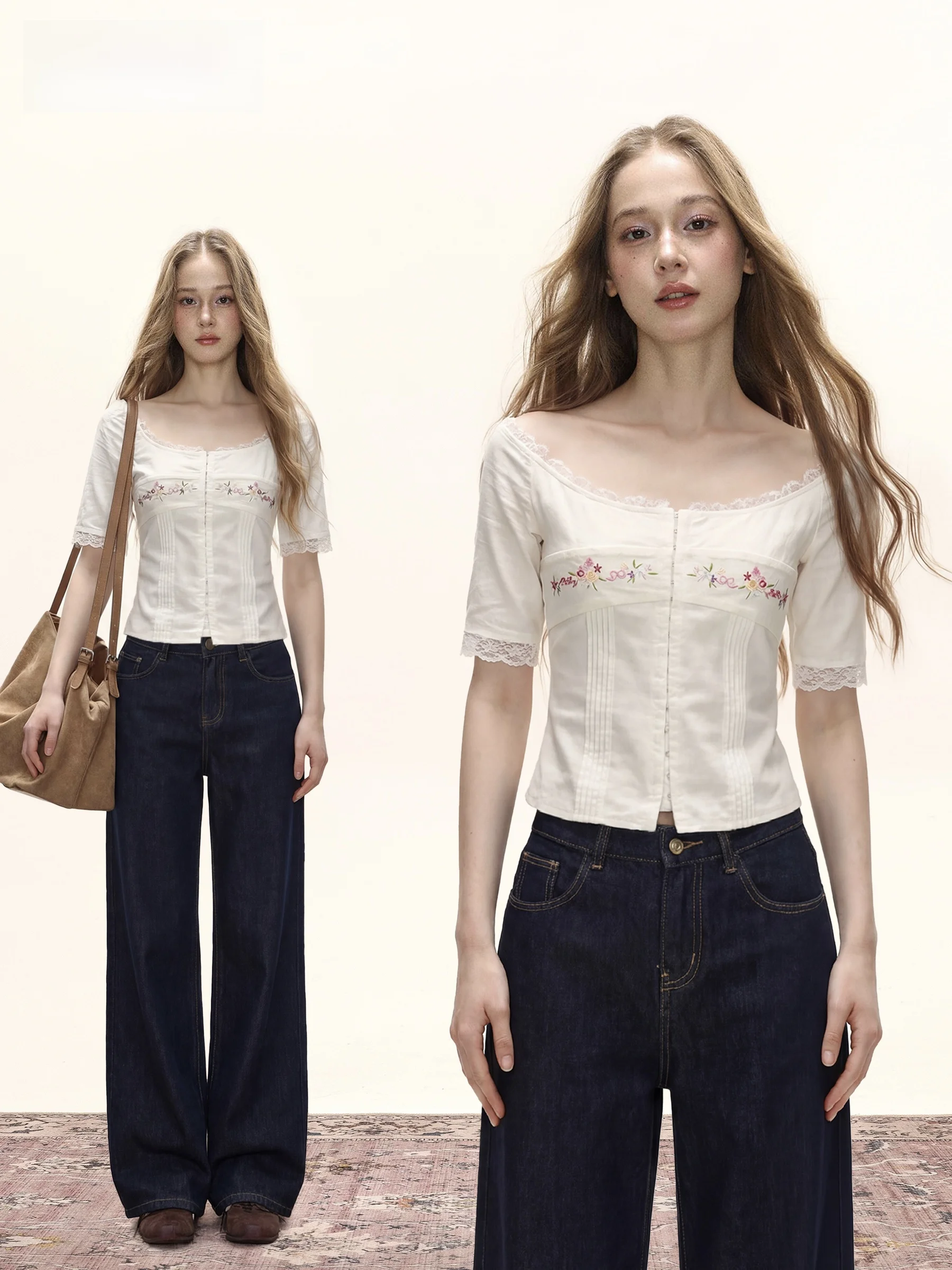 

Shiyiyue Women's Short Sleeve T-Shirt Embroidered Lace Shoulder Bared Slim Fit Design Summer Top French Style Square Collar