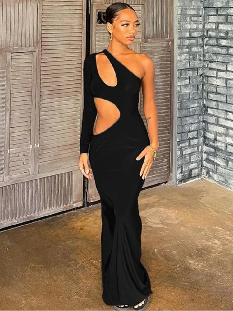 WeiYao Sexy Irregular Hollow Out Design Birthday Party Dress Prom Dress Oblique Neck One Shoulder Sleeve Maxi Dresses for Women